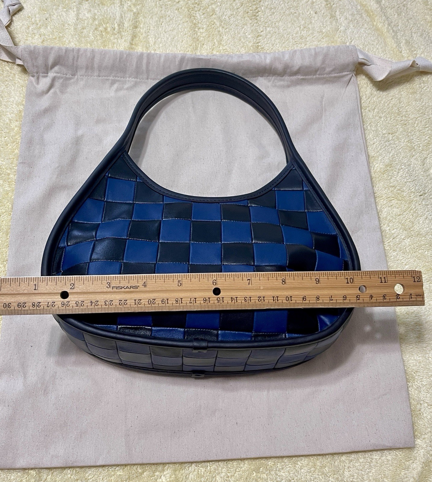 COACH COACHTOPIA ERGO NAVY BLUE AND BLACK WOVEN CHECKERBOARD LEATHER BAG PURSE