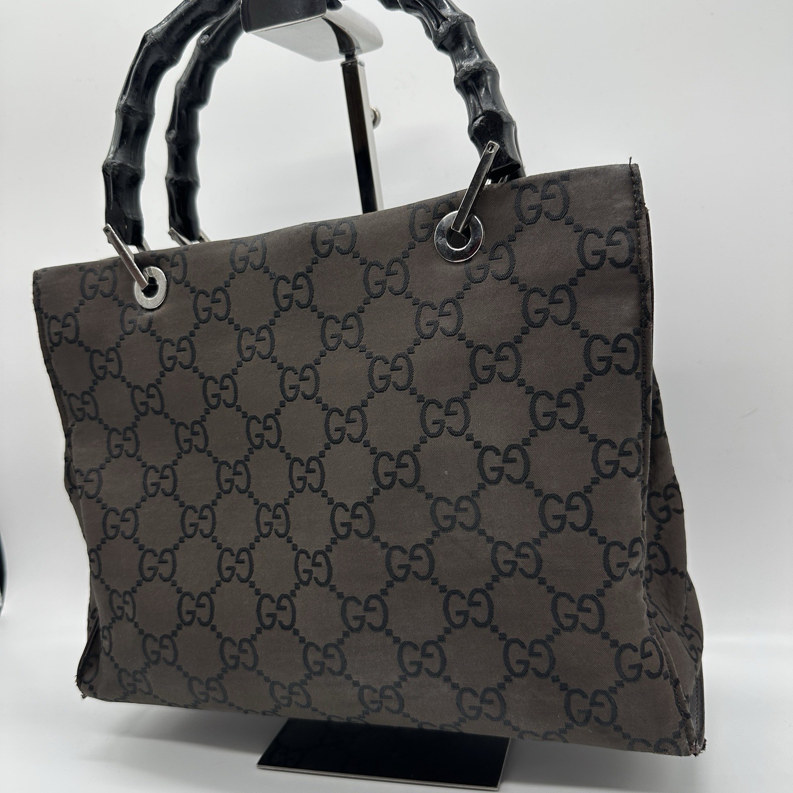 Gucci Handbag Bamboo GG Nylon Dark Brown Purse Double Handle Authentic