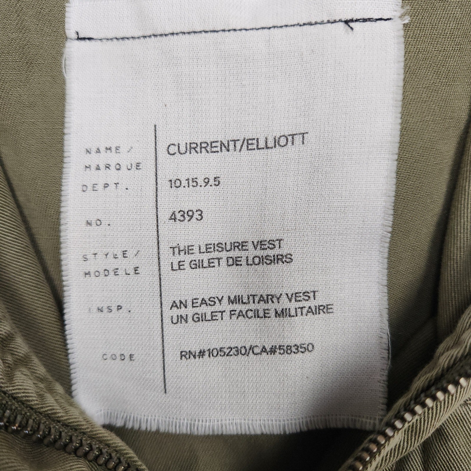 Current Elliott The Leisure Vest Sz S / 0 Olive Green Utility Military