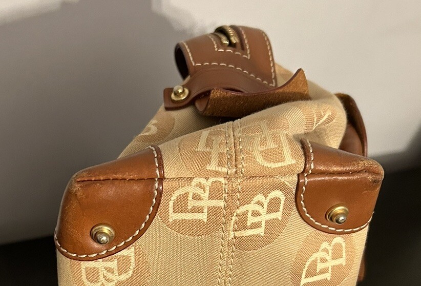 Dooney Bourke Satchel Purse Tan Canvas Leather 2 Front Lock Double Pocket