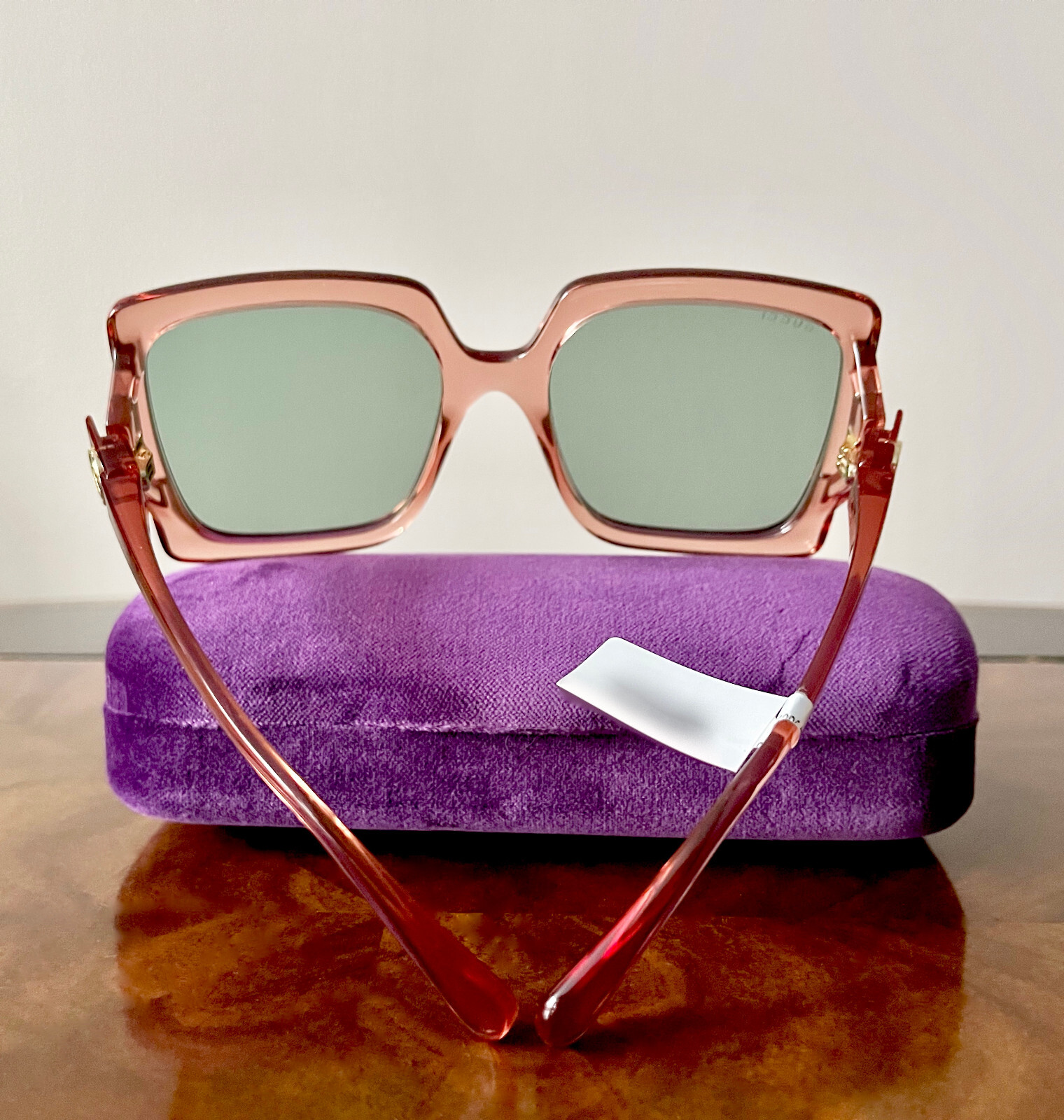 GUCCI Oversized 60mm Square Light-Injected PINK Frame Green Lens Sunglasses $450
