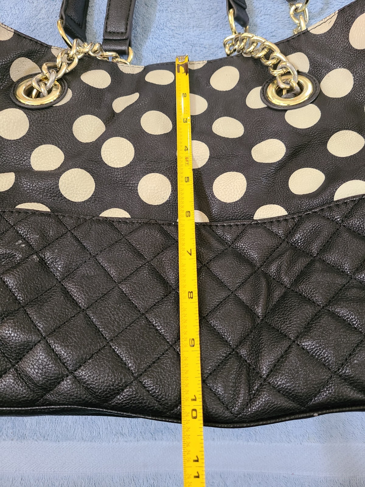Betsey Johnson Large Black & Ivory Polka Dot Bow Quilted Chain Strap Purse Bag