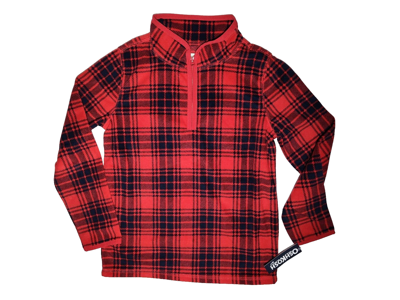 Oshkosh Boys Fleece Pullover Size 10 Red Black Plaid 1/4 Front Zip Thin Soft NWT