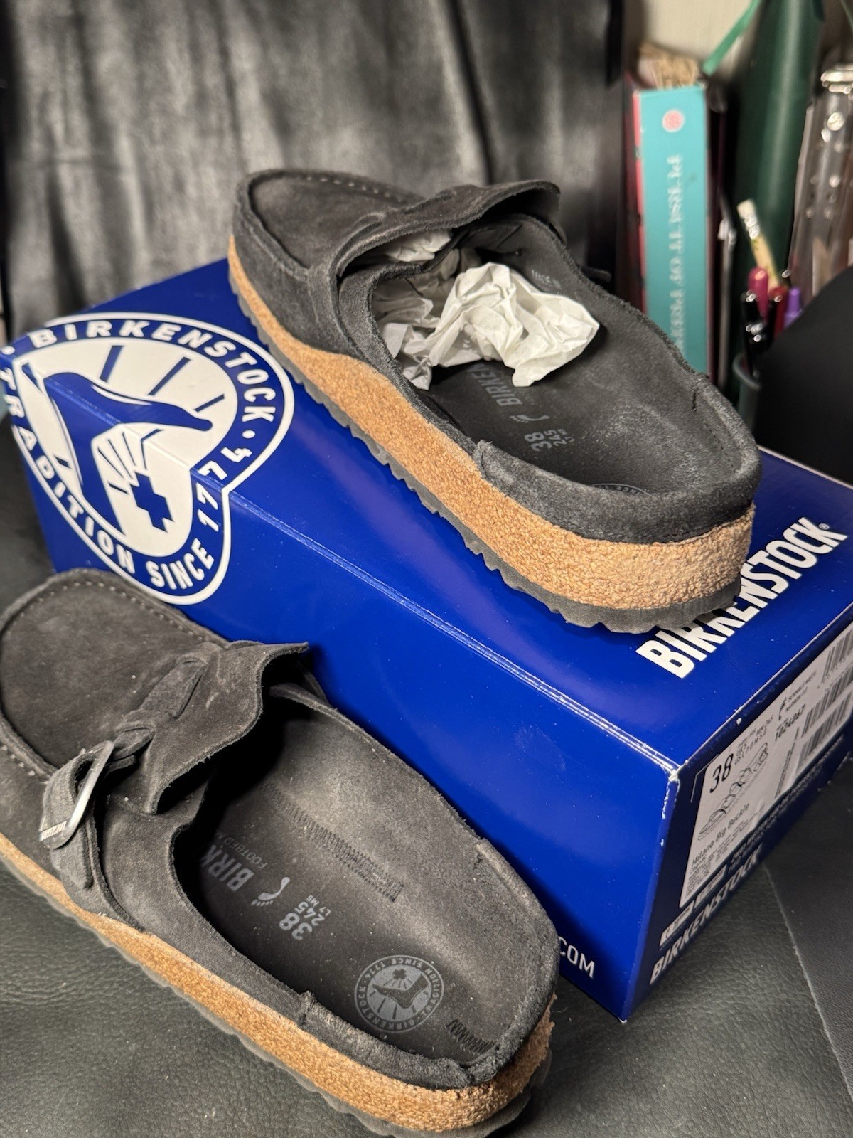 Birkenstock Buckley clogs in black suede,signature contoured cork-latex footbed