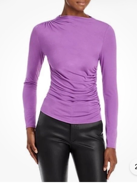 AllSaints Purple Ruched Mock Neck Knit Top Long Sleeve Slim Stretch M NWT