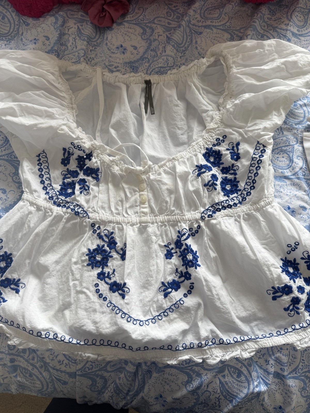 Anthropologie Women’s S Cotton Woven Off-Shoulder Embroidered Peplum Blouse
