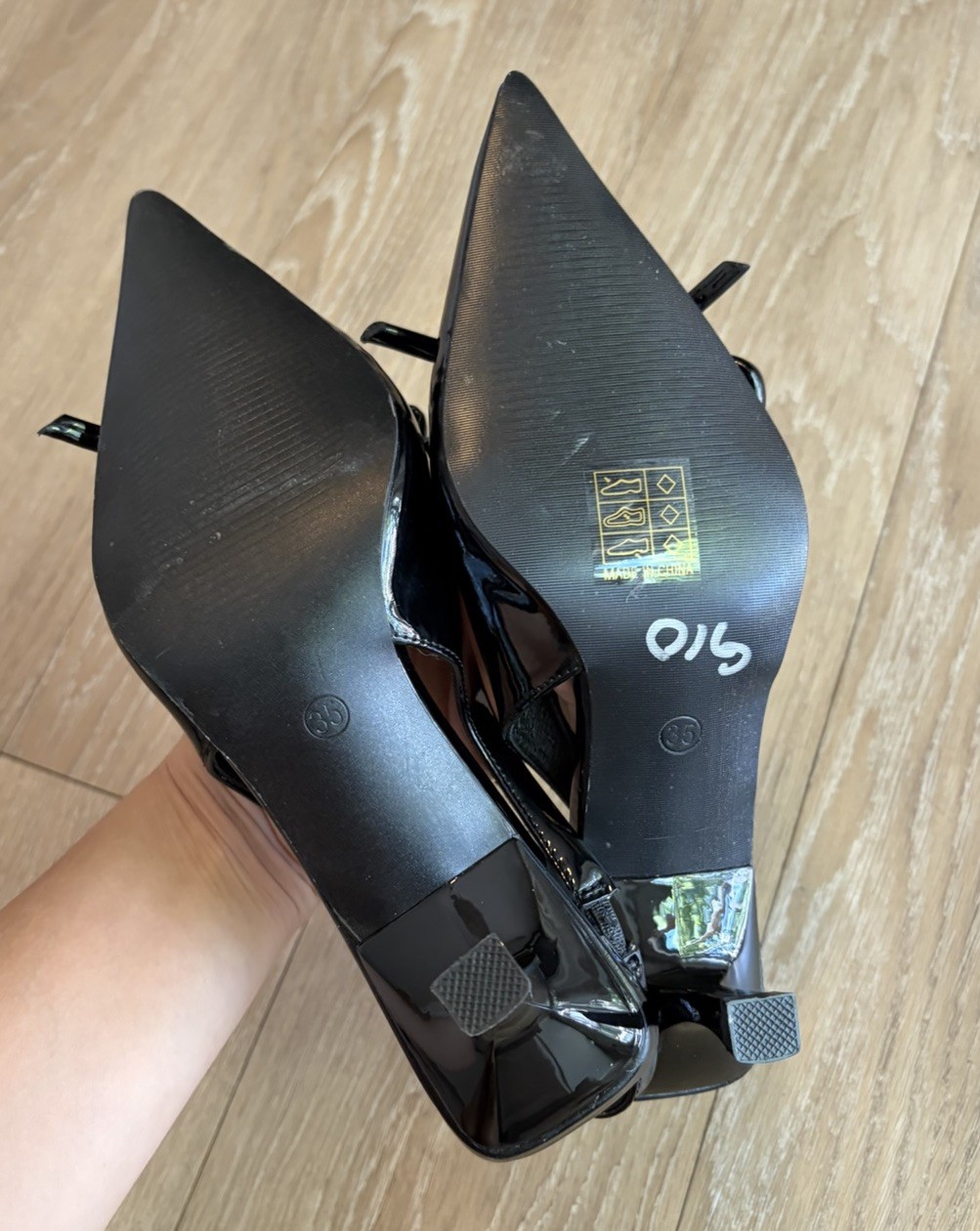 Black Patent Pleather Pointed-Toe Slingback Pumps w/ Bow Detail