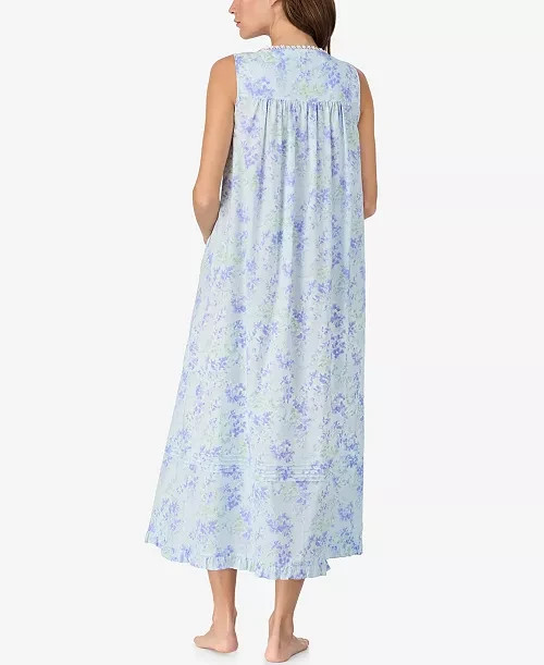 Eileen West Blue Multi Floral Sleeveless 100% Cotton Lawn Ballet Nightgown S