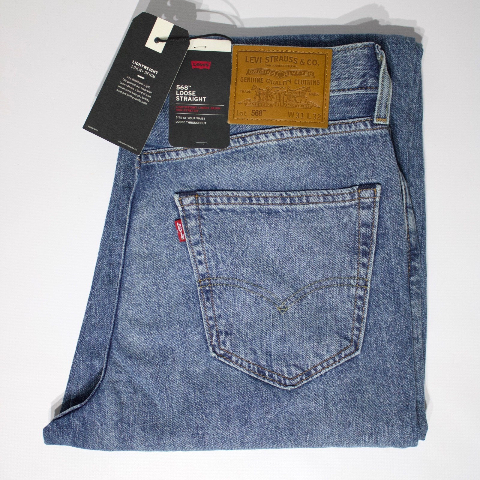 NWT $98 Levi’s Premium 568 Loose Straight Linen+ Medium Wash Jeans Men Sz. 31×32