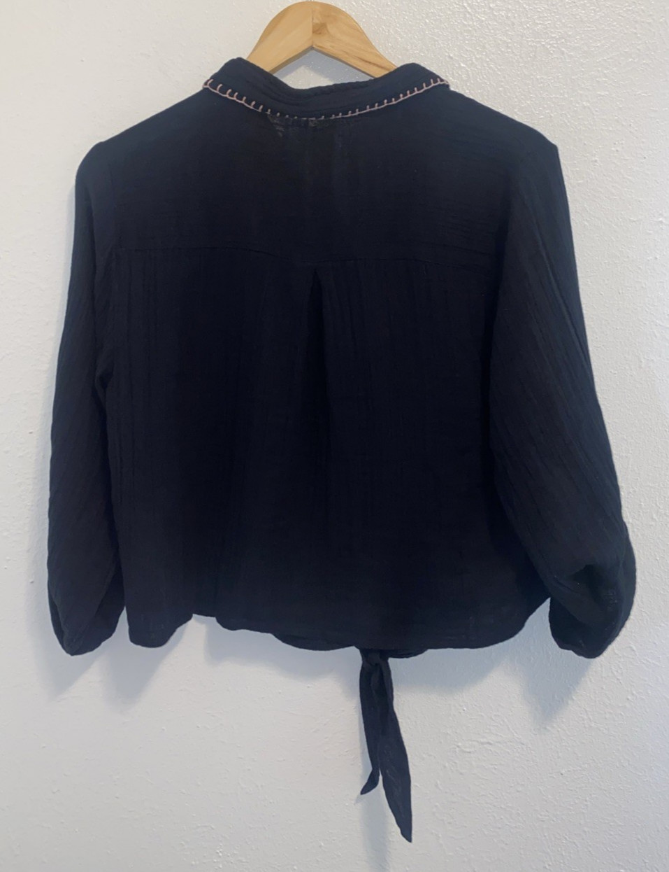 Natural Life Lola Tie Front Roll Tab Sleeve Shirt Cotton Gauze Black Medium