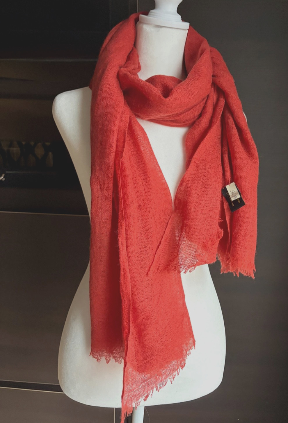 La Florentina 100% Cashmere Orange Red Lightweight Pocketable Wrap Scarf 75 x30″