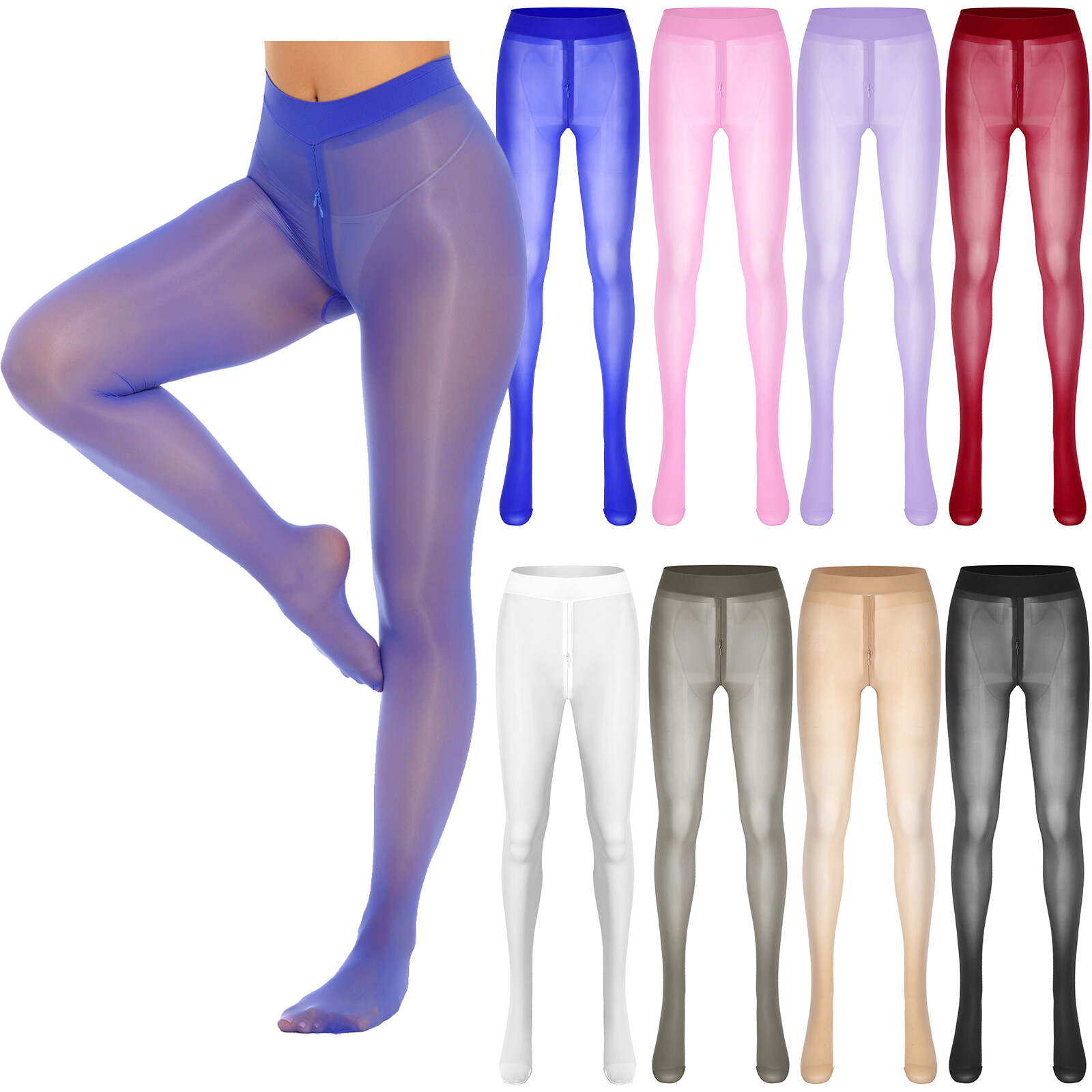 US Womens Solid Color See-through Pantyhose Zipper Crotch Footed Ice Silk Pant