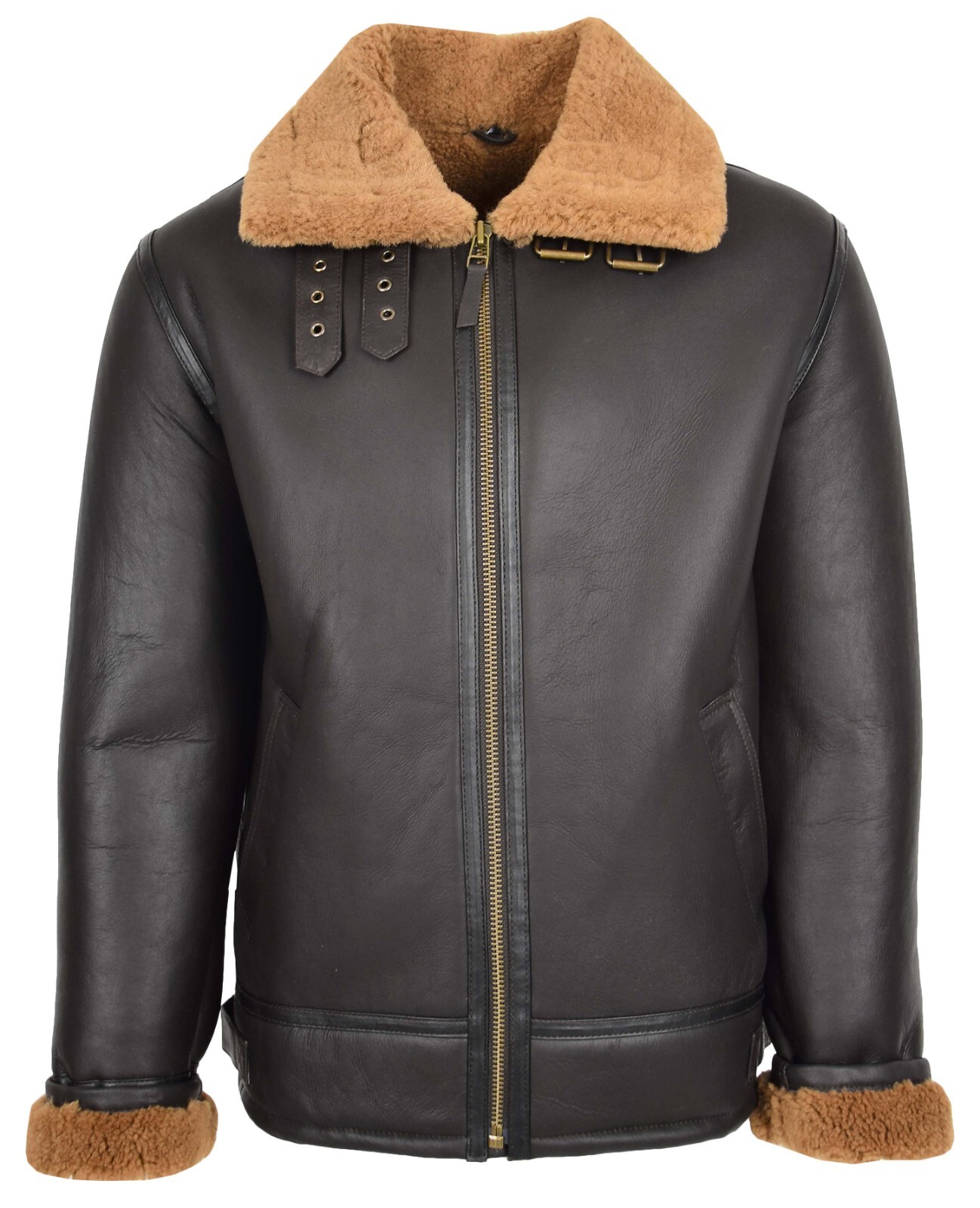 Mens Sheepskin Leather Jacket Real Ginger Shearling Lined Top Gun Aviator Brown