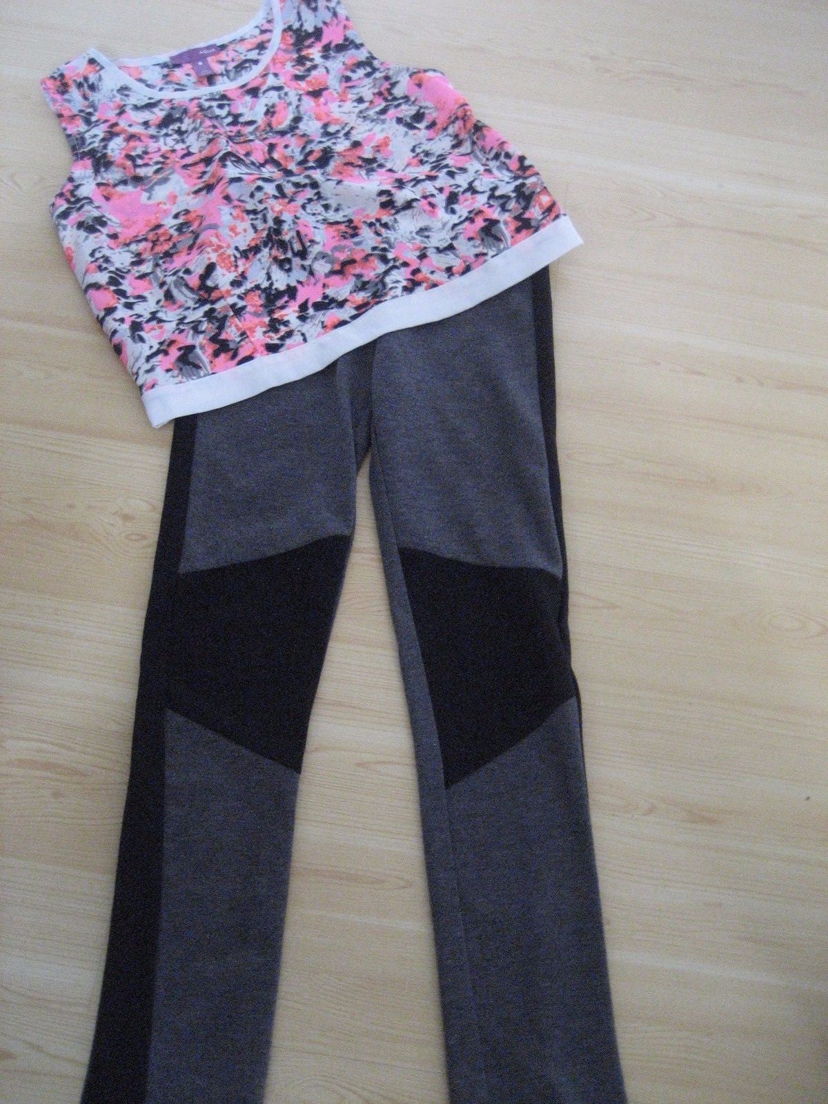 NEW Girls L 6/7 Pink Gray White Black Splat Print AQUA USA Silky BLOUSE TOP TANK