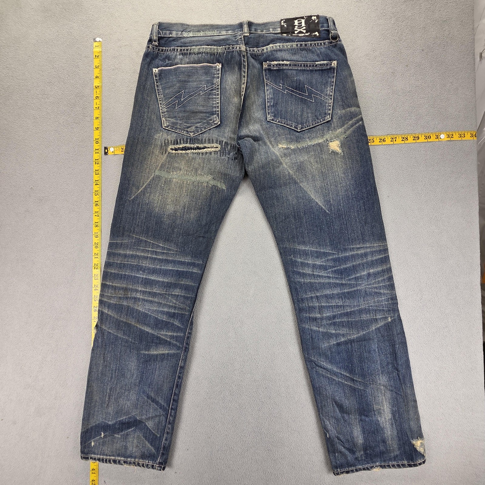 Selvedge Jeans Mens Blue Thrashed Patchwork Whiskers Honeycomb Fits 33×31