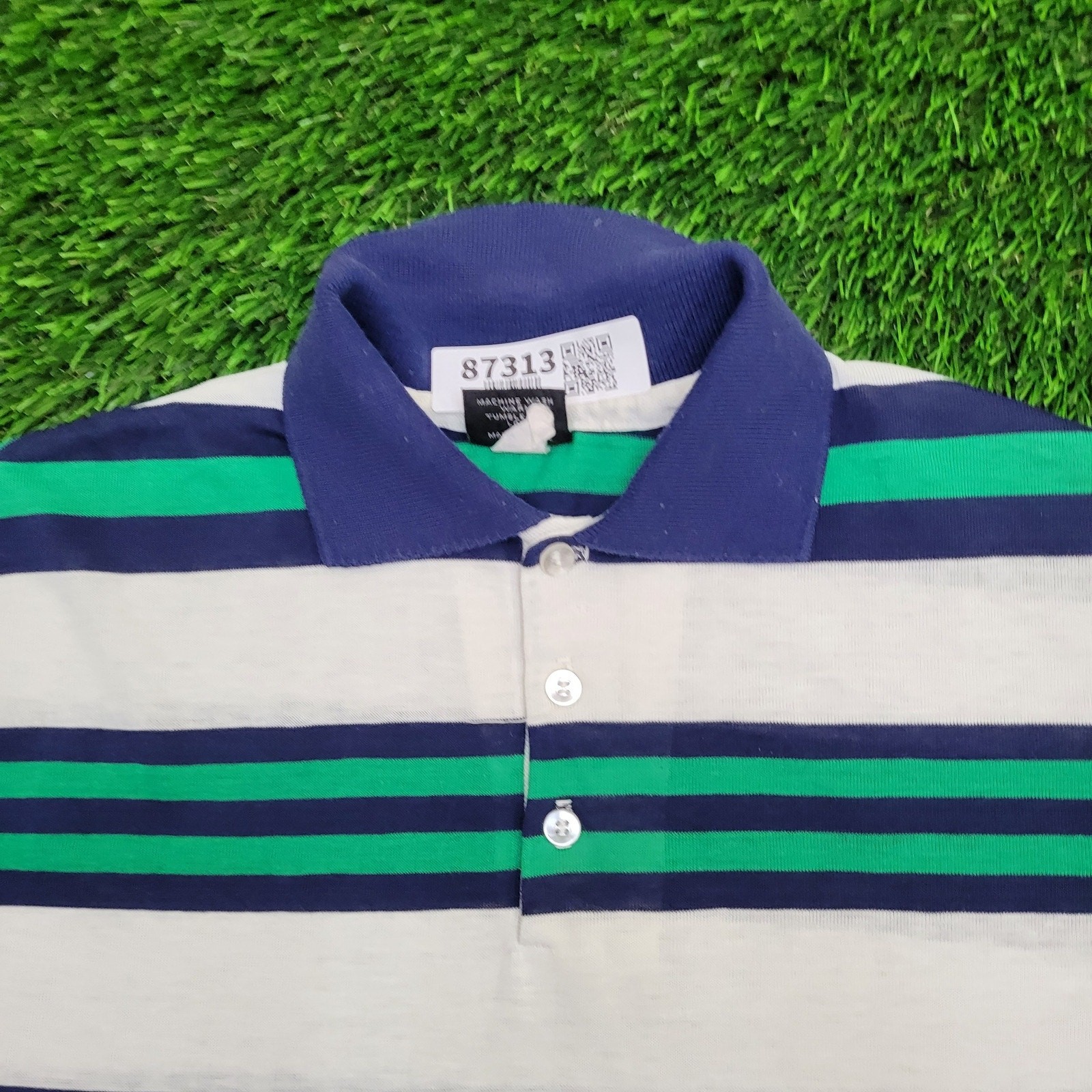Vintage 90s MOD Polo Shirt Large 21×26 Green White Blue Stripes