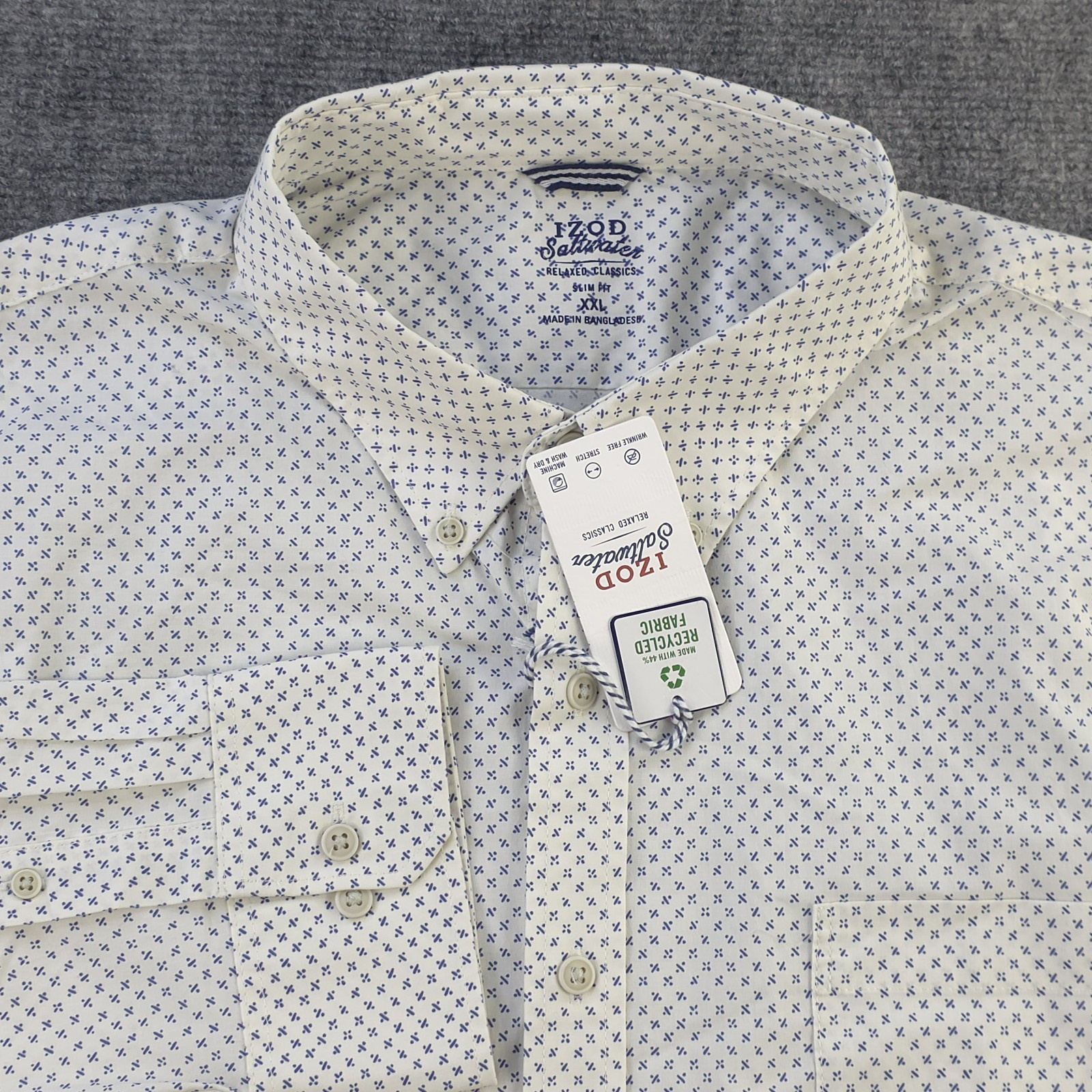 New Izod Saltwater Shirt 2XL Slim Fit White Blue Geometric Porcelain Long Sleeve