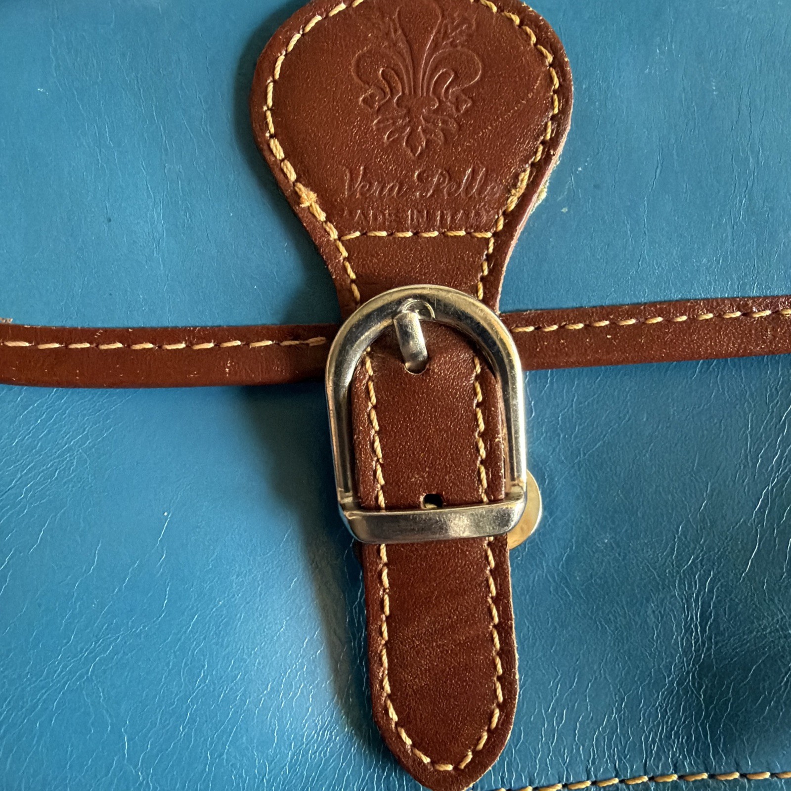 Vera Pelle Leather Crossbody Saddle Bag Genuine Italian Small Teal Blue/Brown
