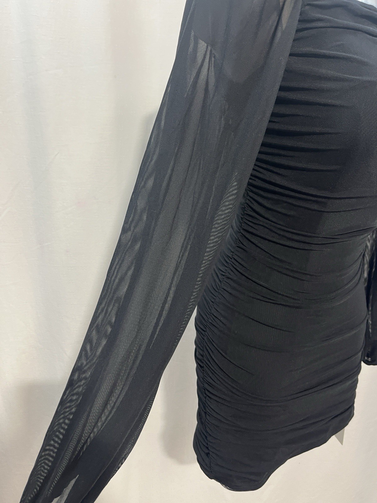 Women’s Black Ruched Mesh-Sleeve Bodycon Dress party prom wedding trendy 1247