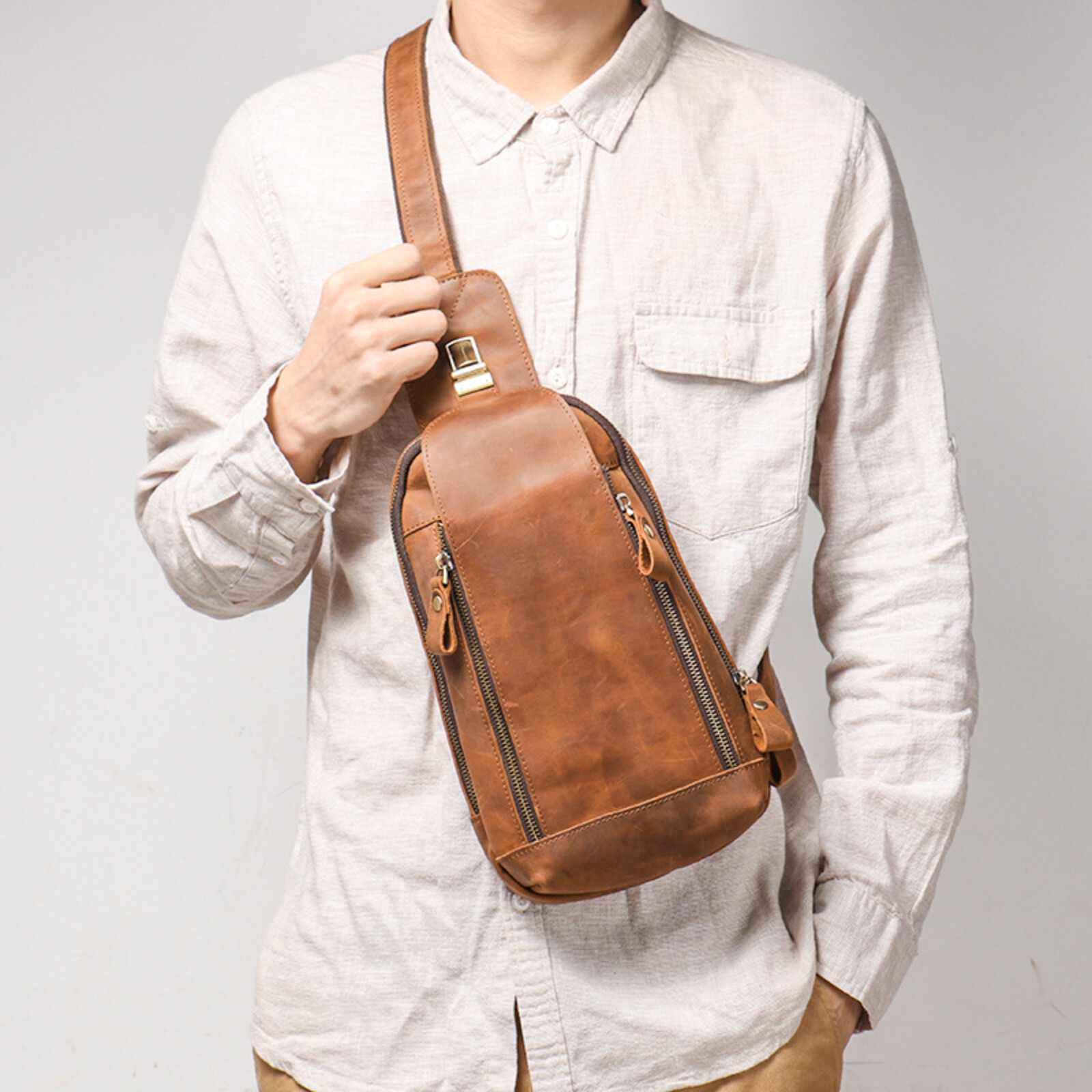 Men’s Leather Sling Bag Chest Crossbody Shoulder Pack Vintage Style Everyday Use