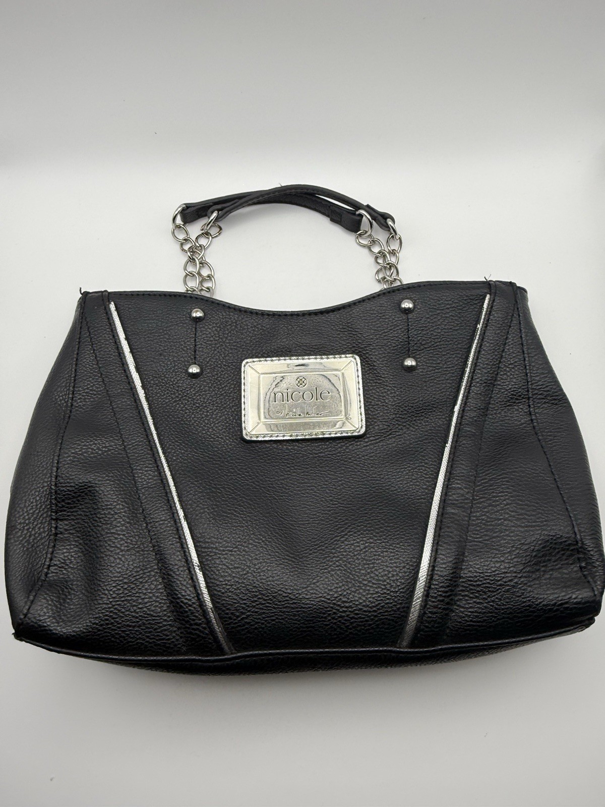 “Nicole” By Nicole Miller Handbag Purse Black Partial Chain Handle 10″x7″x3″