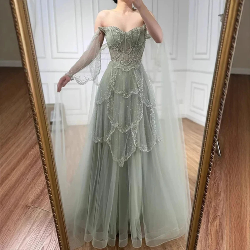 Green Evening Gown Off-Shoulder Lace-Up Back Crystal Bridal Gown-