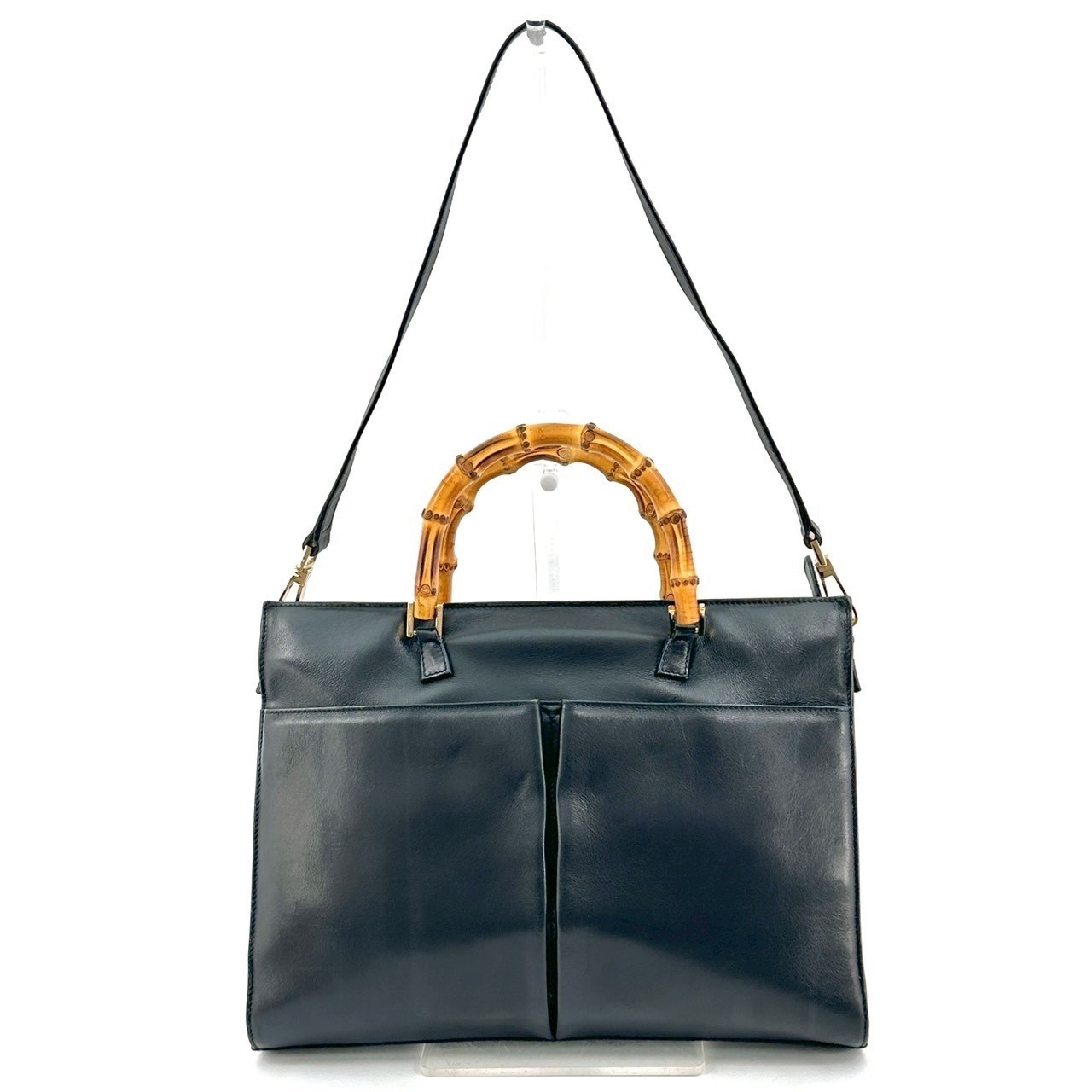 Vintage Gucci Bamboo Tote Bag Shoulder Bag Black Leather Authentic