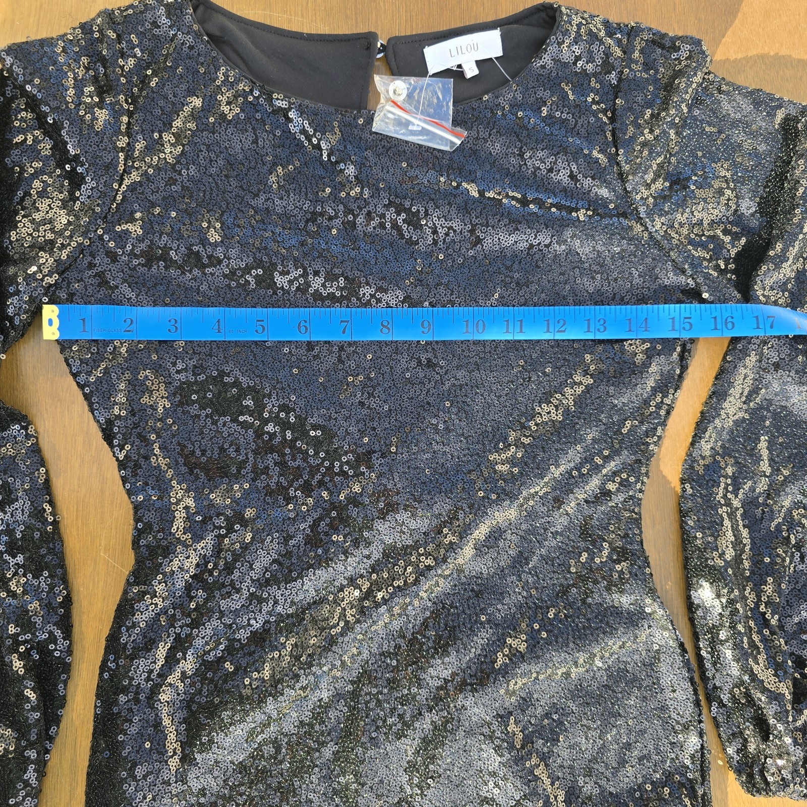 LILOU Black Sequin Sheath Mini Dress Balloon Long Sleeve Party/Cocktail S