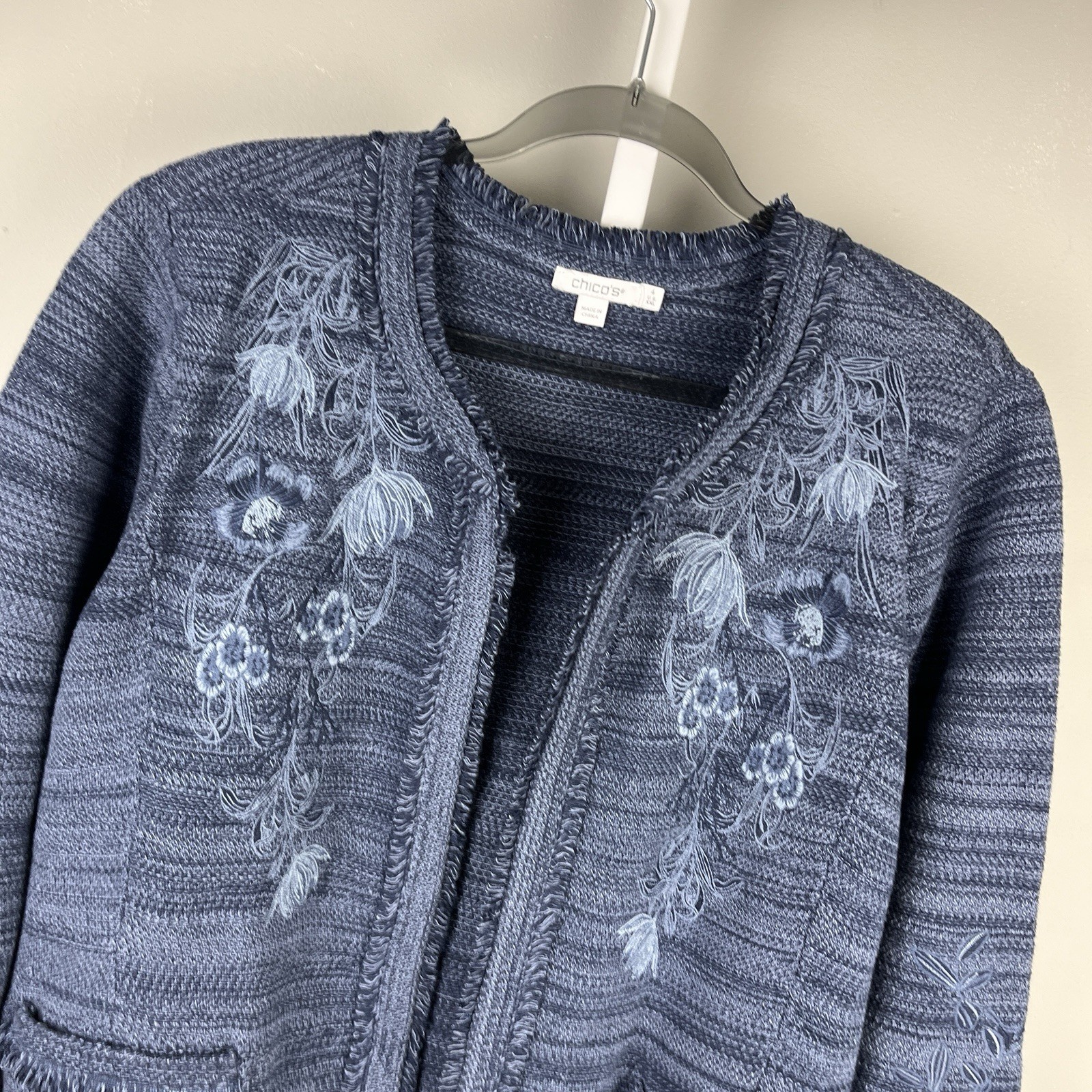 Chico’s Blue Tapestry Woven Jacket Size 4 Womens XXL Embroidered Floral
