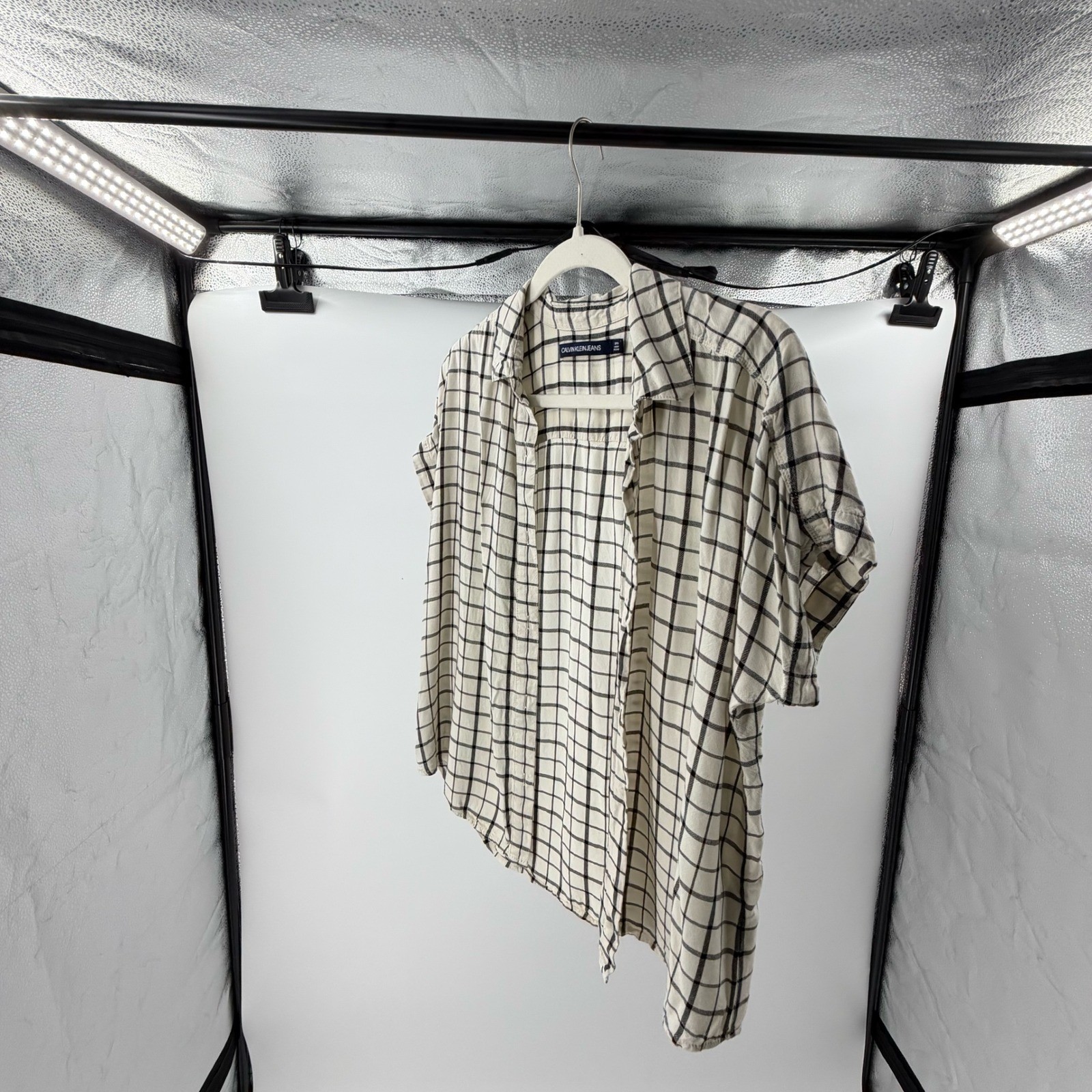 Calvin Klein Jeans Womens Cream Black Windowpane Check Viscose Shirt Small