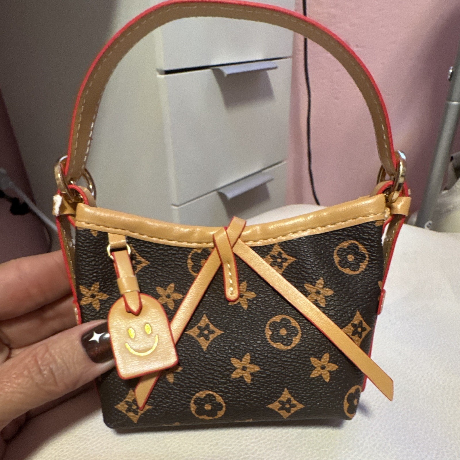 Mini Monogram Top Handle Bag Brown/Tan/Red Open Gold Hardware Smiley Charm