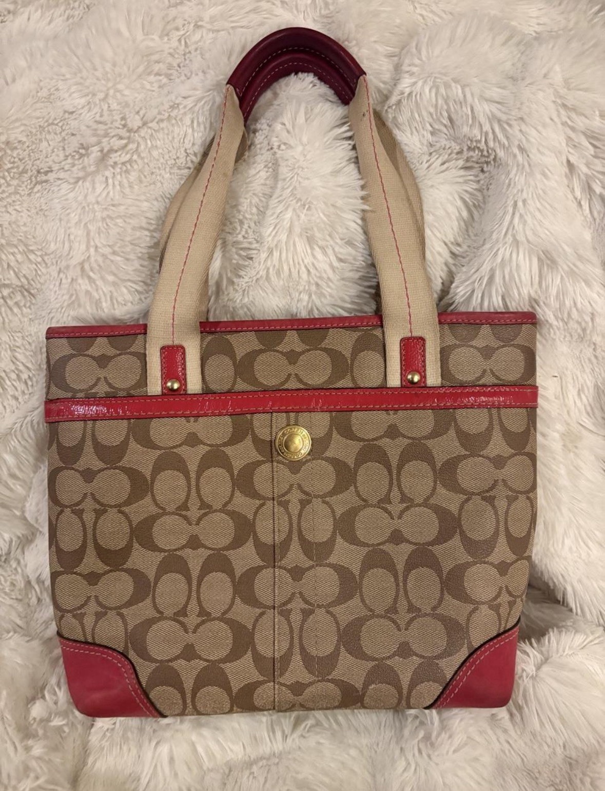 Authentic Coach 11349 Heritage Signature Stripe Tote Khaki Pink Shoulder Bag