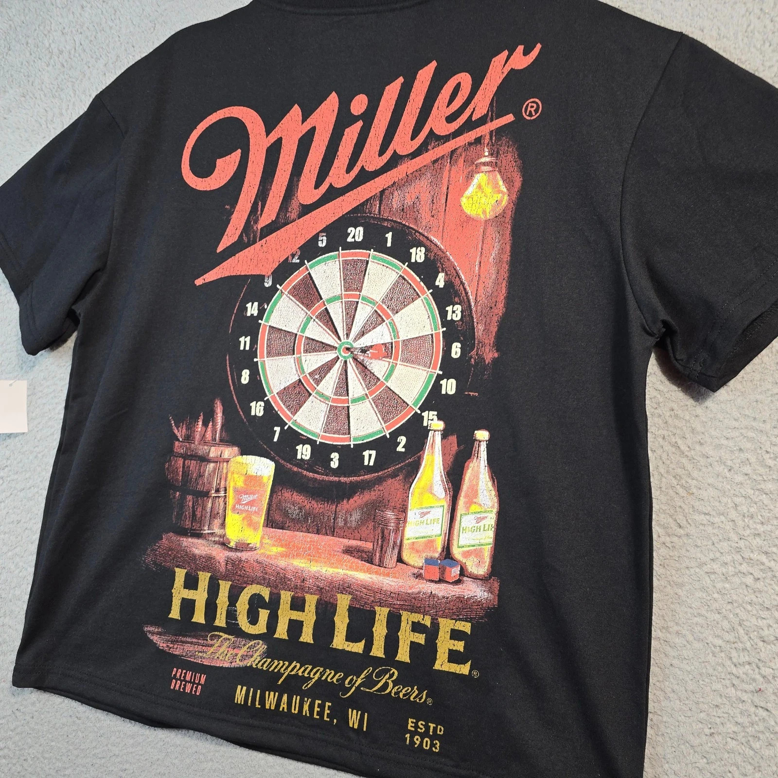 MILLER HIGH LIFE Beer Shirt Mens Large Black Distressed Hunting Casual tee NWT B