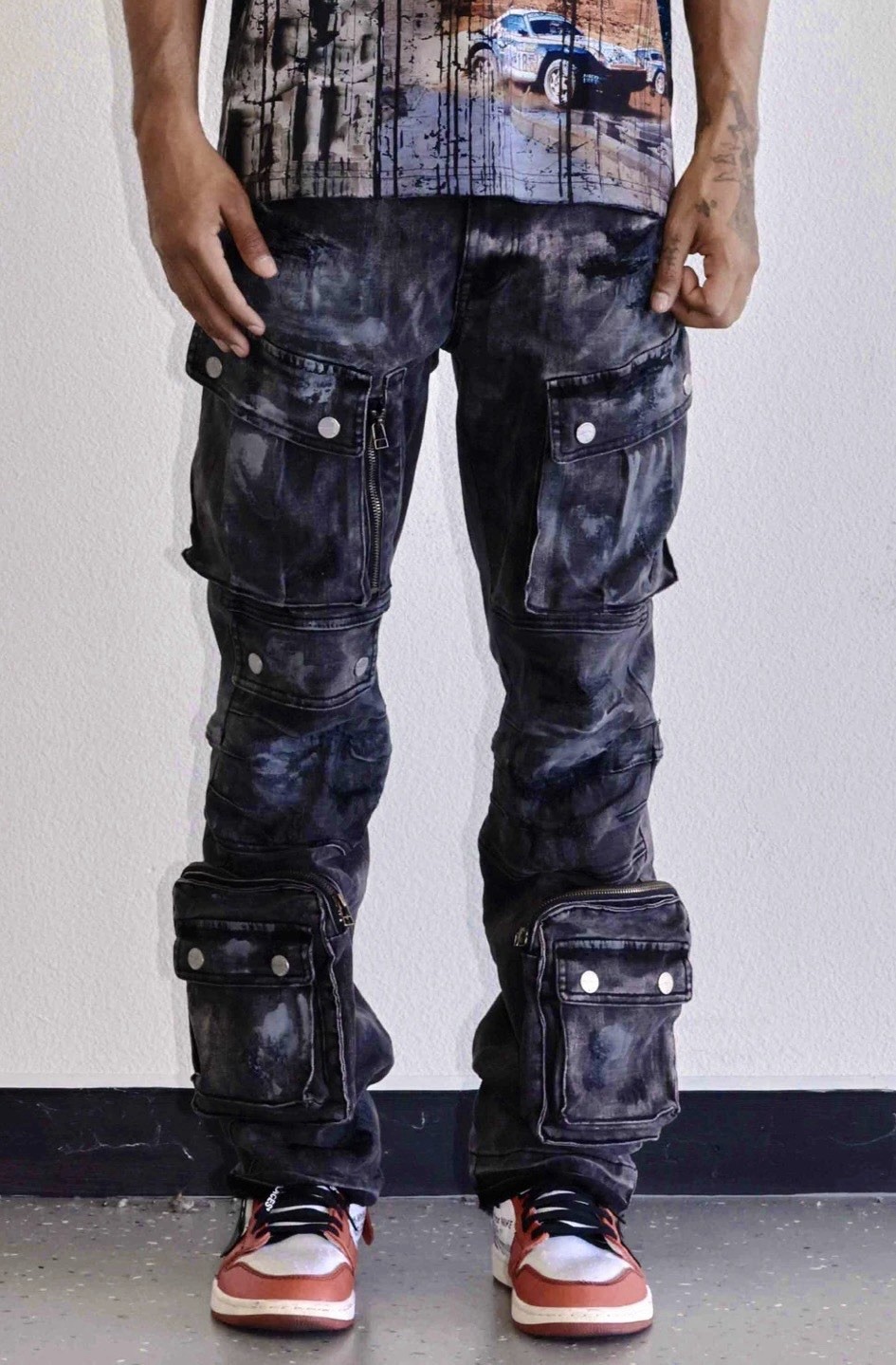 Men’s Distressed Cargo Paint Splatter Zipper Pocket Jeans Pants Stretch Black 34