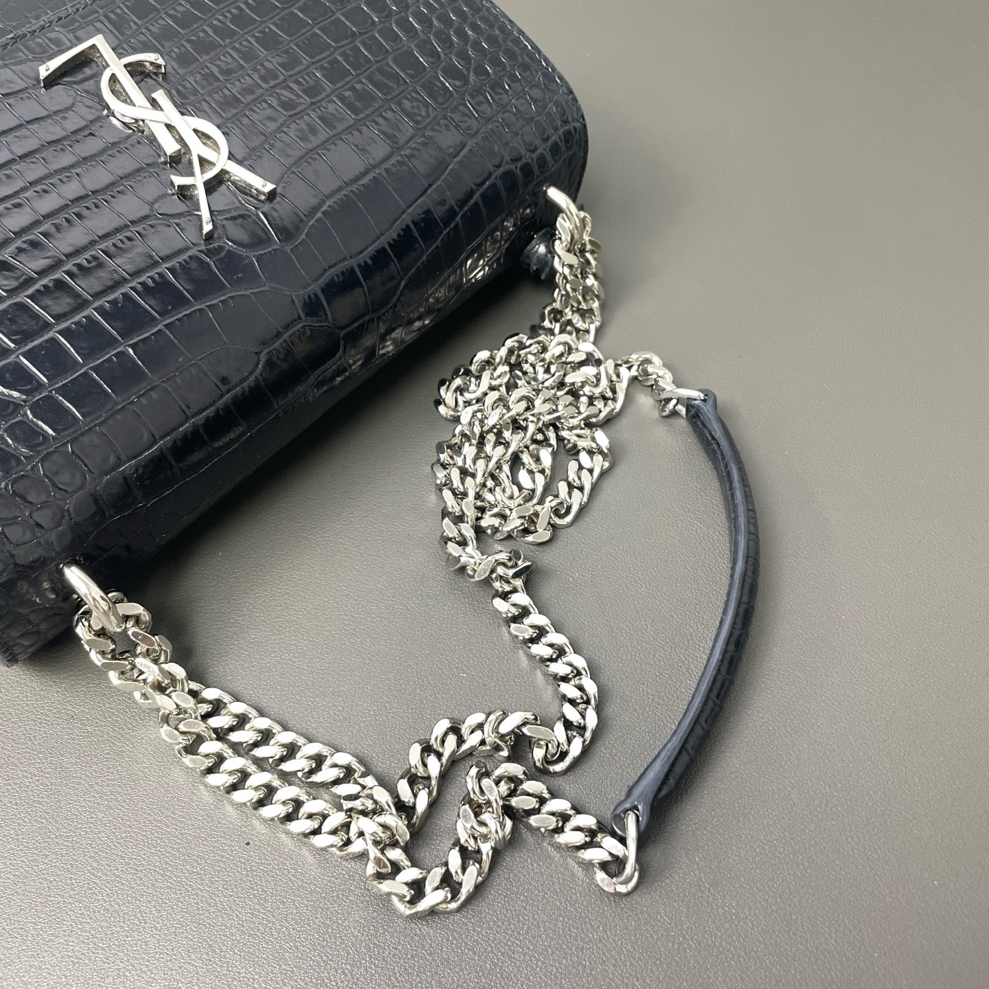 Authentic Saint Laurent Sunset Crocodile Embossed Leather Crossbody Black eBay