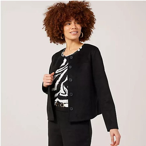 Kim & Co Jacket Stretch Faux Suede Button Front Black New Size Medium