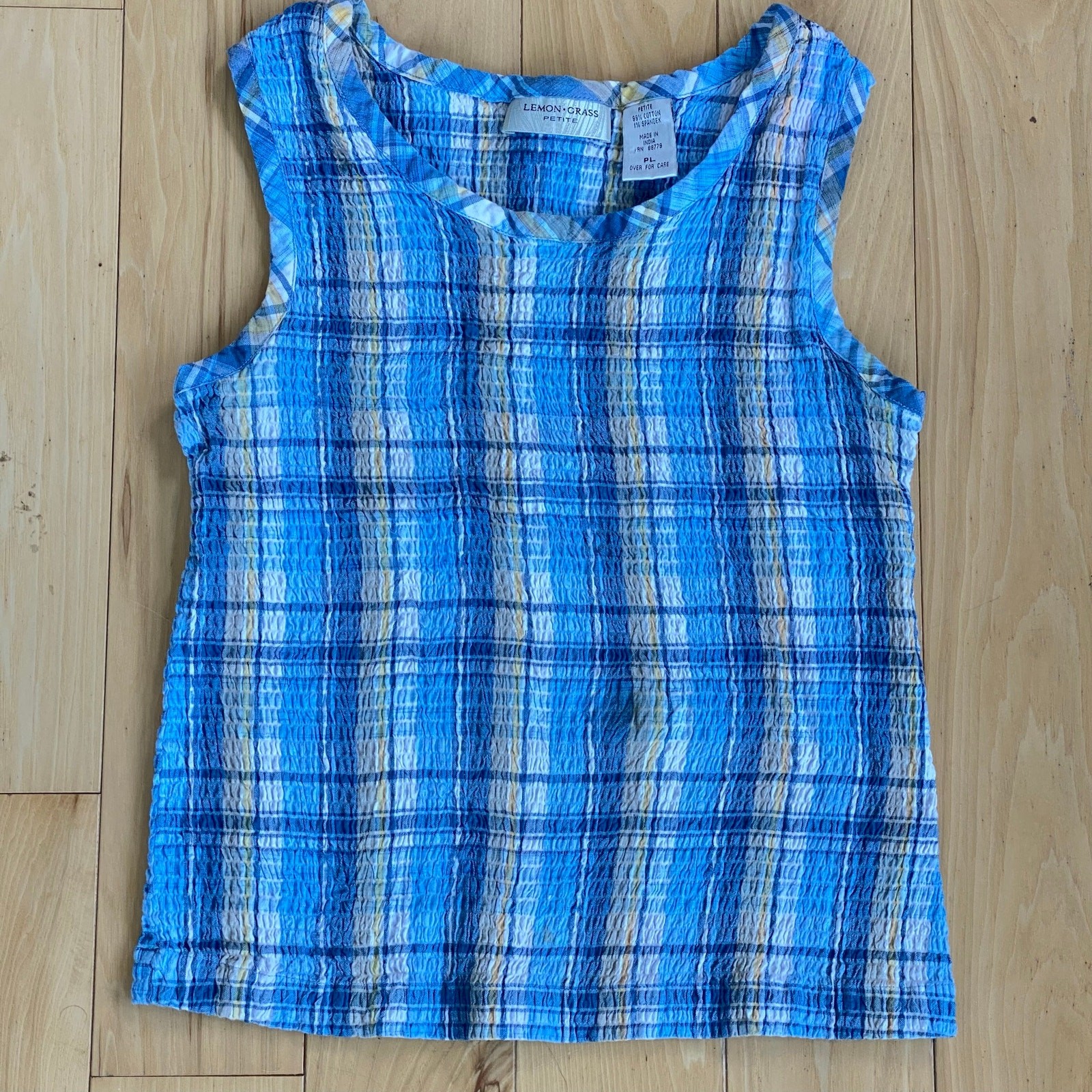 Y2K Blue Plaid Crinkle Tank Seersucker Cotton Stretch Shell Top Coastal Grandma