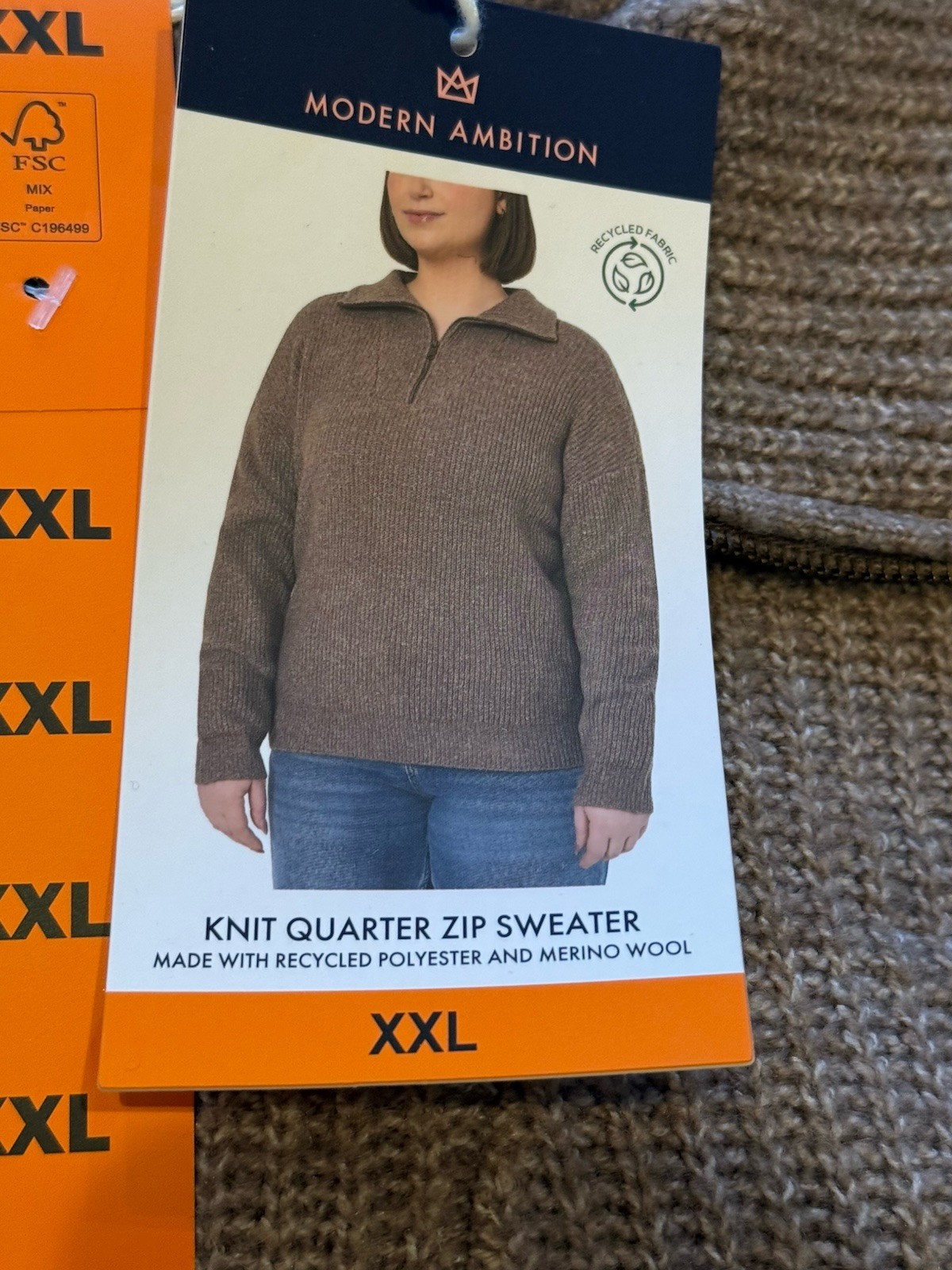Modern Ambition Womens Sweater 1/4 Zip Stretch Long Sleeves Soft -XXL – BROWN