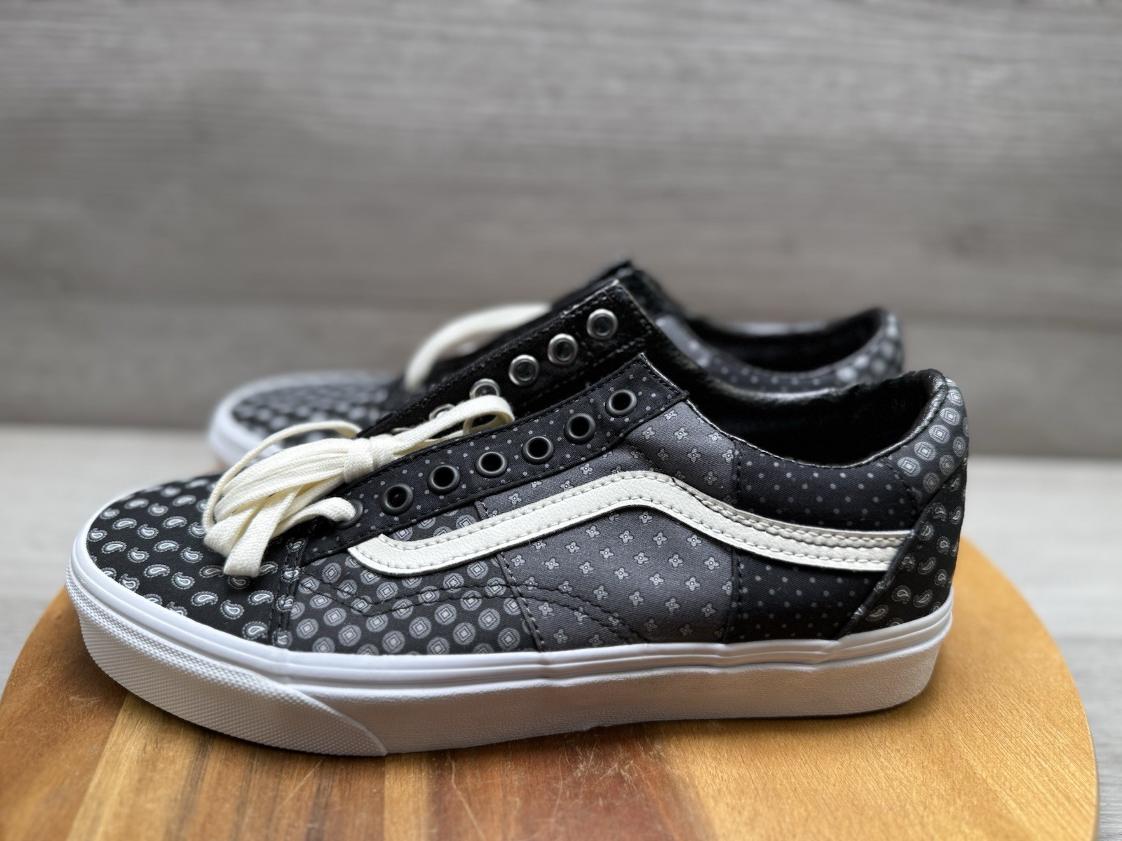 Vans Old Skool Black Gray White Patchwork Tie Print Sneaker Men 8 Women 9.5
