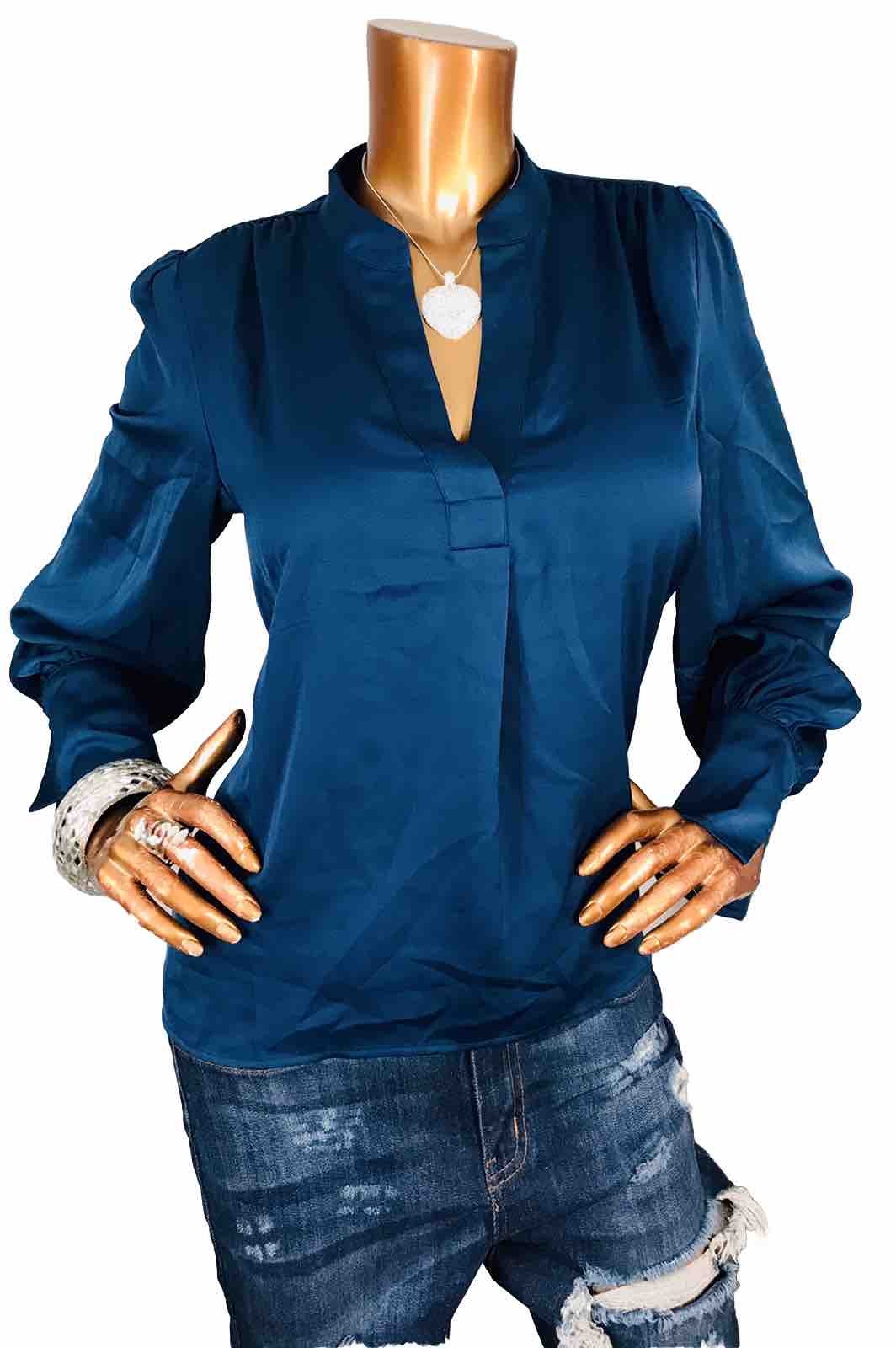 Banana Republic S Top NWT $70 Stretch Satin Silky Dark Teal Blouse Soft Long Slv