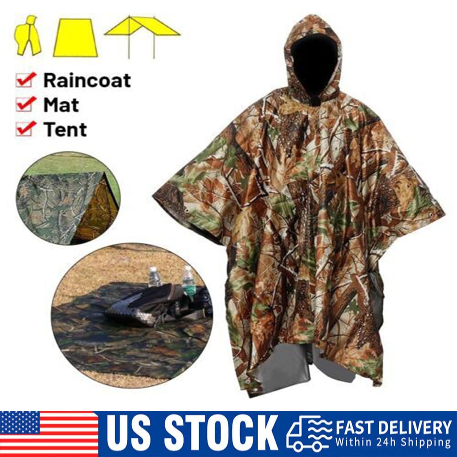 Ripstop Poncho Waterproof Hooded Rain Coat Army Military Camping Hiking Outdoor