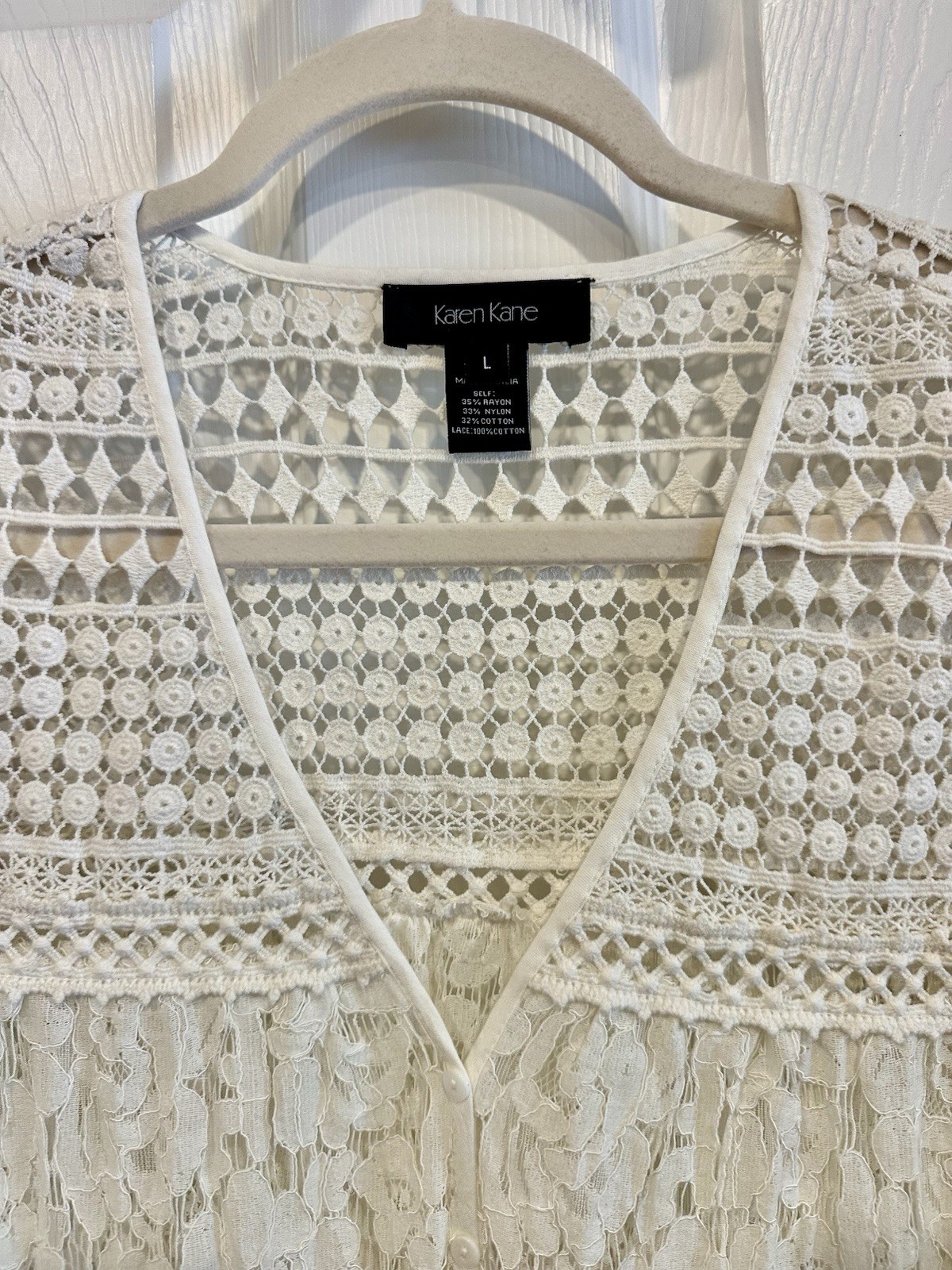 KAREN KANE Seascape Multi-lace Sheer Top Ivory Color Vneck Buttons Sz L $118 NWT
