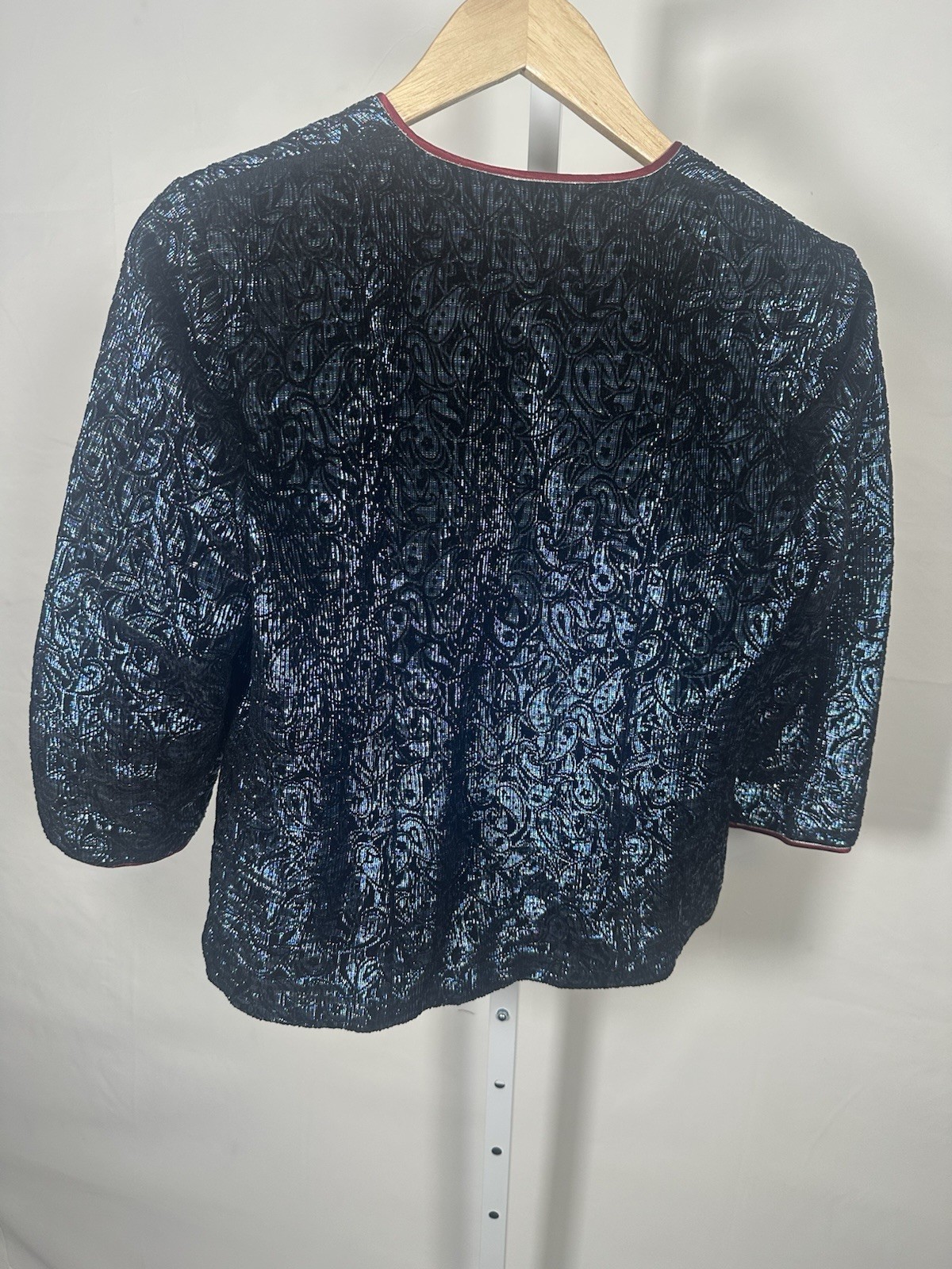 Antonio Blue Black Floral Short Jacket Lined Hook & Eye 3/4 Sleeve Women Size M