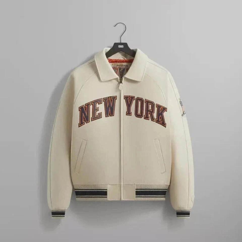 Men’s Avirex X Kith Knicks Bomber Leather Varsity Jacket New York Cream Coat