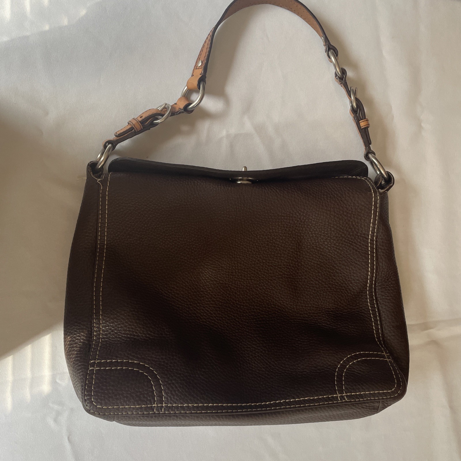 Coach Brown Pebble Leather Chelsea Shoulder Bag Purse F12338 Medium Turn Lock