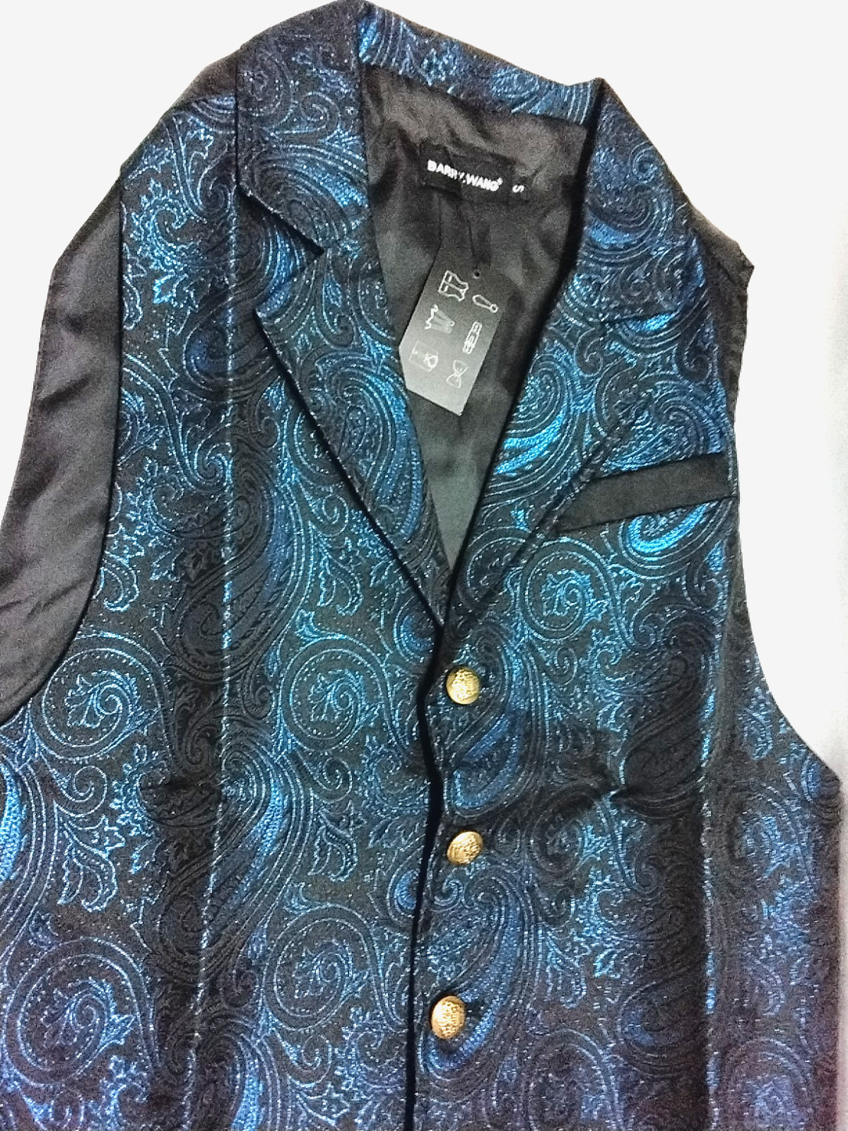 Men’s Small BARRY WANG Black Blue Paisley Silk Blend Vest Waistcoat NWT