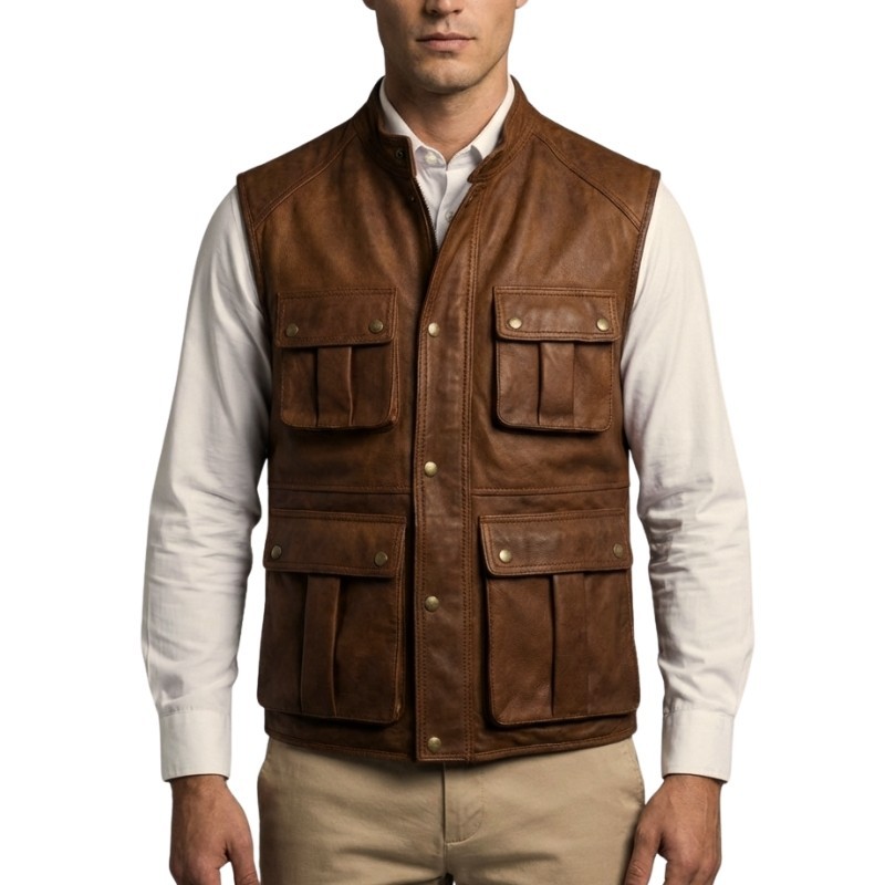Mens Brown Leather Utility Vest Multi Pocket Snap Front Casual Outdoor Gilet