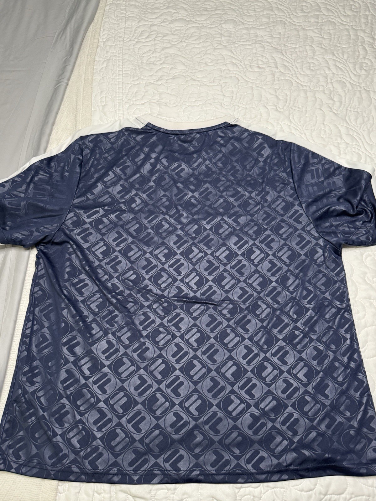 FILA Men’s Blue/White All-Over Logo Print Crew Neck Polyester T-Shirt XXL
