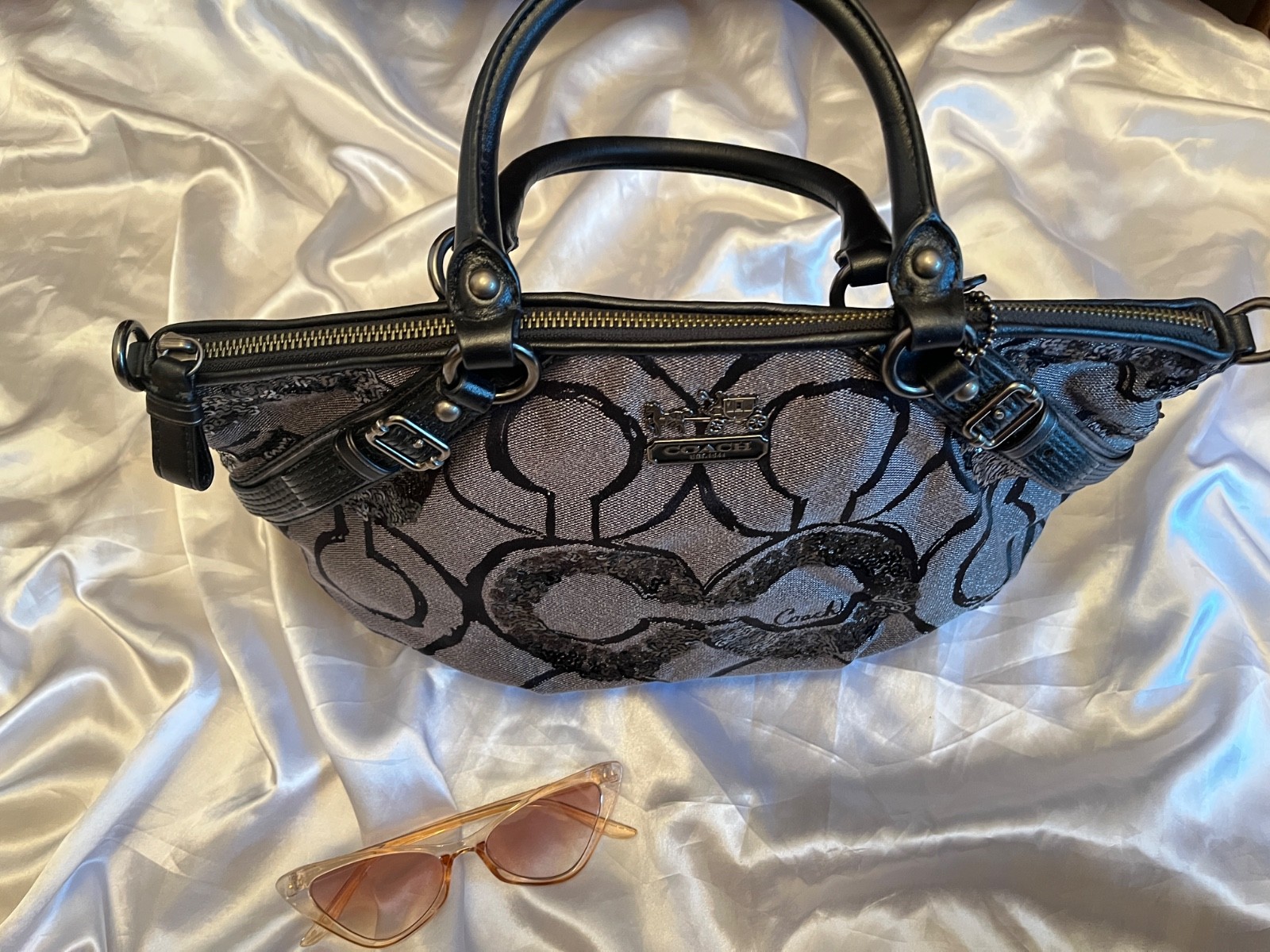 Coach Madison Op Art Sophia Sequin Satchel Black And Metallic Gray