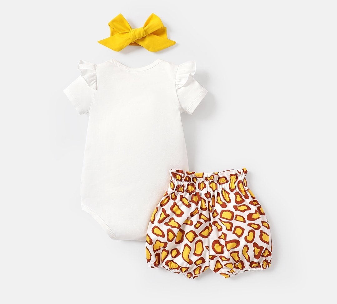 3pcs Giraffe Romper & Bowknot Shorts with Headband Set Baby Girl 9-12 Months